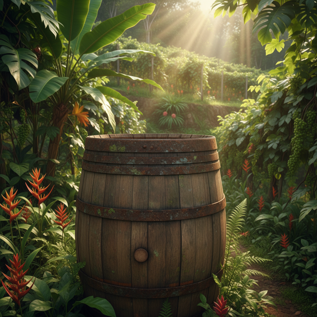 Um barril de vinho rústico em um pequeno vinhedo tropical exuberante no Panamá, com a luz do sol filtrando pelas folhas verdes.