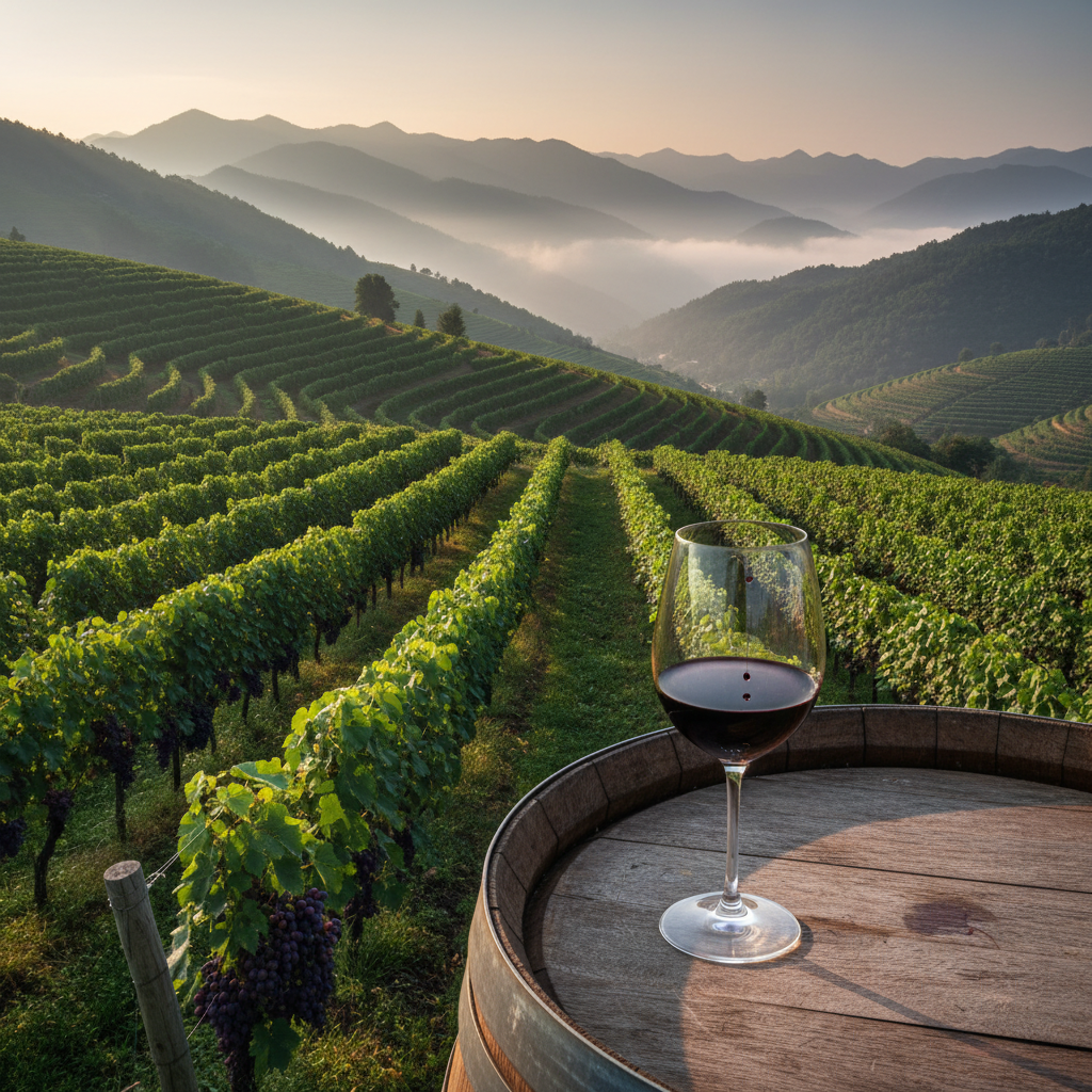 Vinhedo de alta altitude em uma paisagem montanhosa asiática ao amanhecer, com uma taça de vinho tinto sobre um barril, simbolizando o potencial dos vinhos emergentes da Ásia.