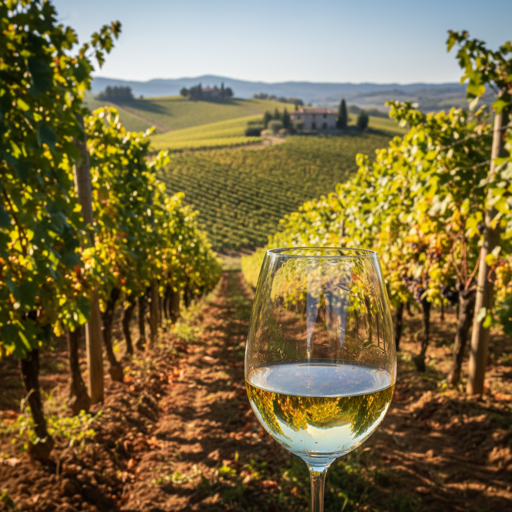 Taça de vinho branco em um vinhedo europeu ensolarado, com colinas e parreiras ao fundo, simbolizando a beleza da viticultura austríaca e alemã.