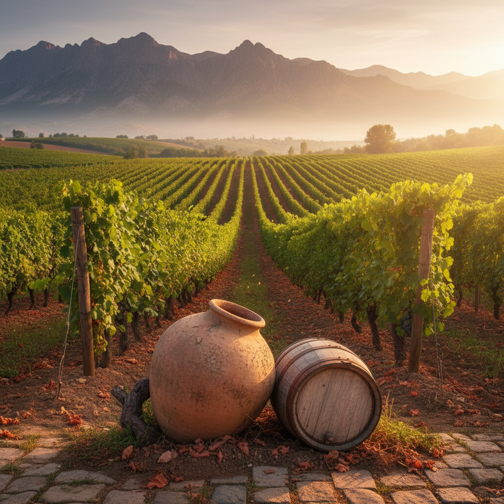 Vinhedo milenar no Azerbaijão, banhado por luz dourada, com um qvevri de barro entre as videiras, evocando a rica história da viticultura.