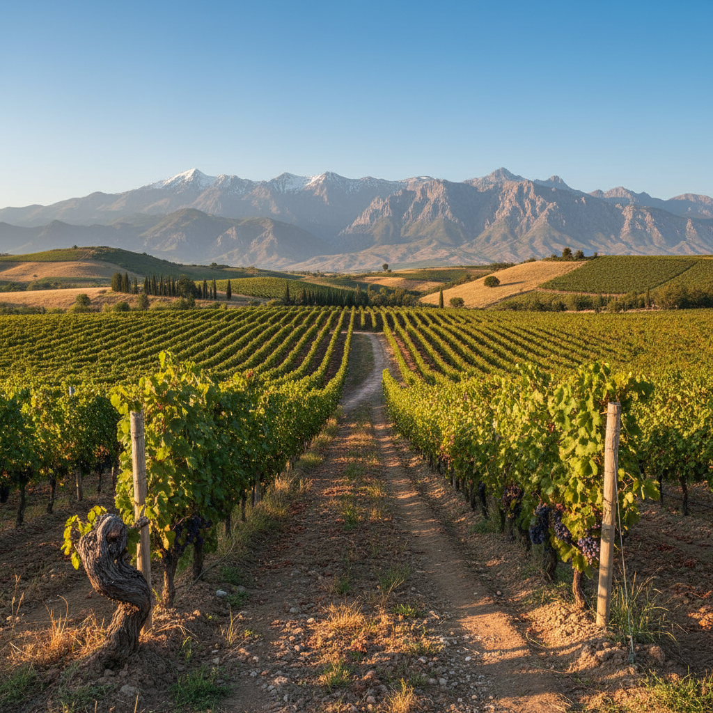 Vinhedo tranquilo no Azerbaijão, com videiras e montanhas ao fundo, representando a rica herança vinícola da região.