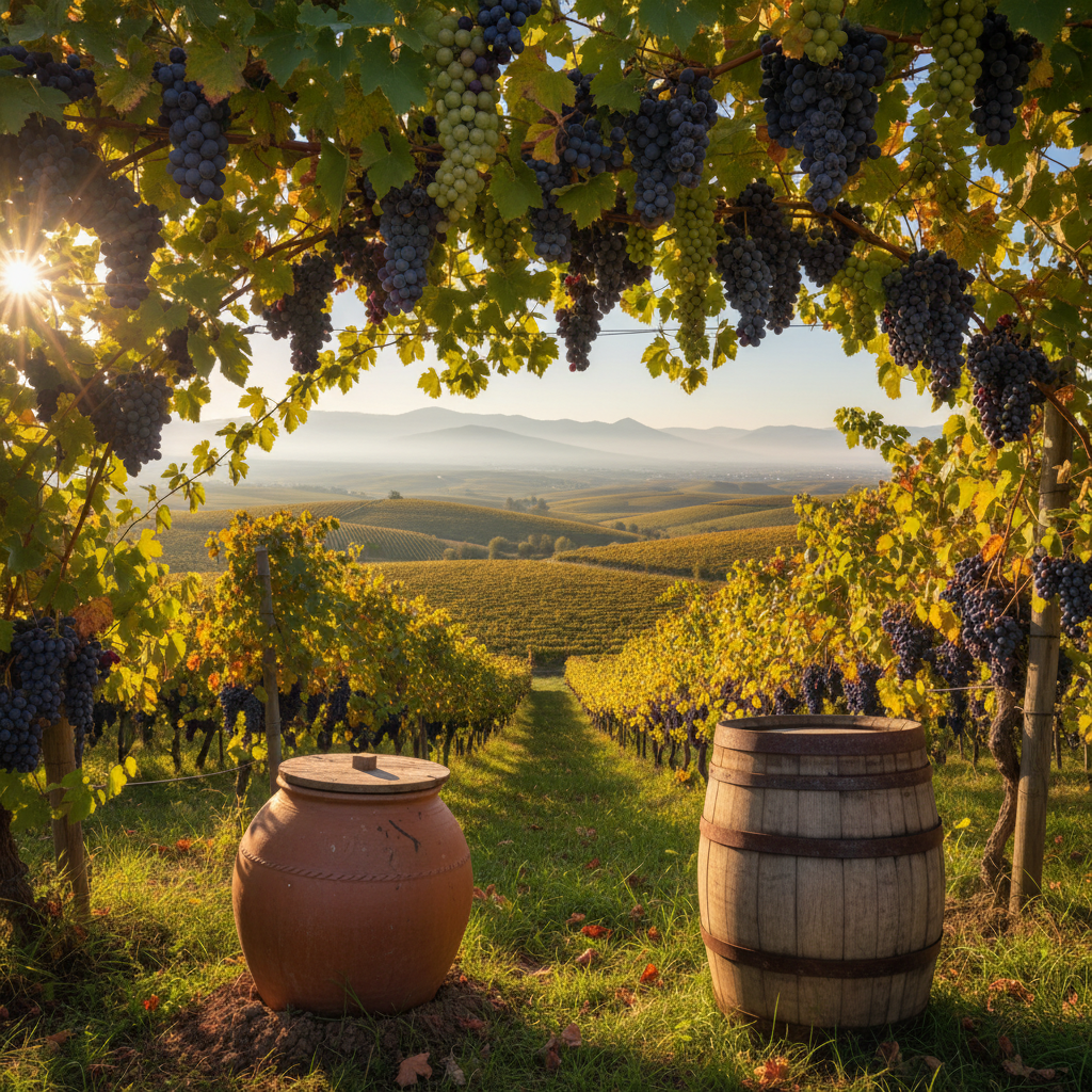 Vinhedo exuberante no Azerbaijão ao pôr do sol, com uvas maduras e montanhas ao fundo, simbolizando o renascimento da produção de vinho na região.