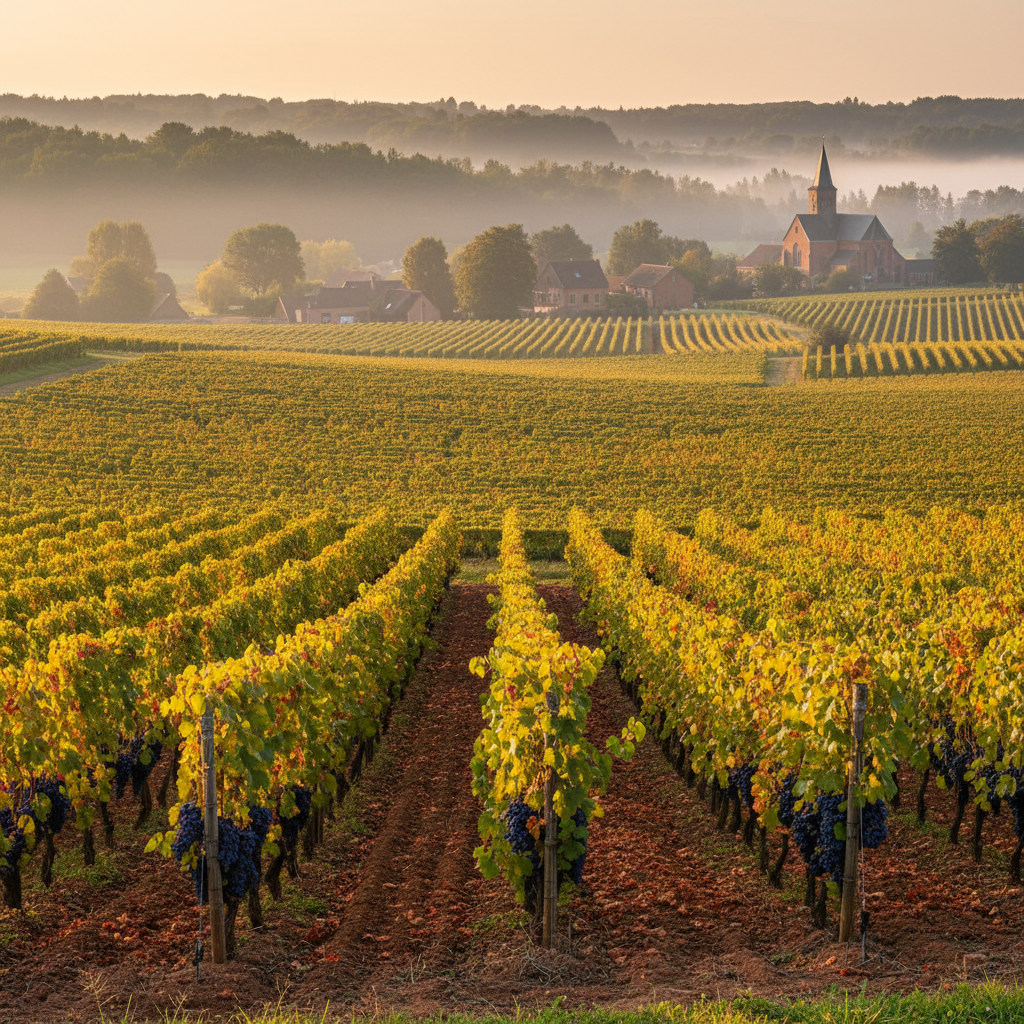 Vinhedo belga exuberante com uvas maduras sob a luz dourada do outono, mostrando a paisagem vinícola da Bélgica.