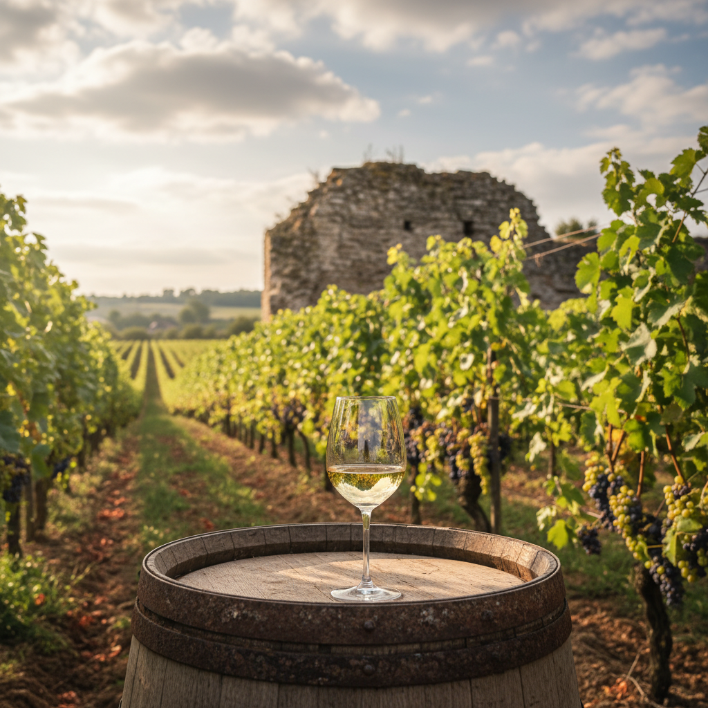 Vinhedo belga com barril de vinho e taça, e uma antiga muralha ao fundo, simbolizando a história e o renascimento da viticultura na Bélgica.