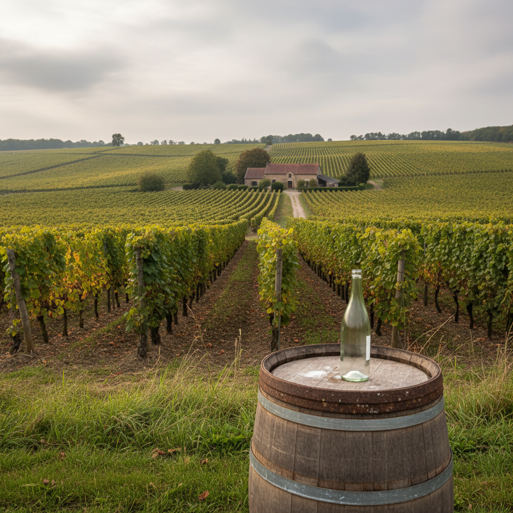 Vinhedo pitoresco na Bélgica, com um barril de vinho e paisagem rural serena, representando a cultura vinícola local.