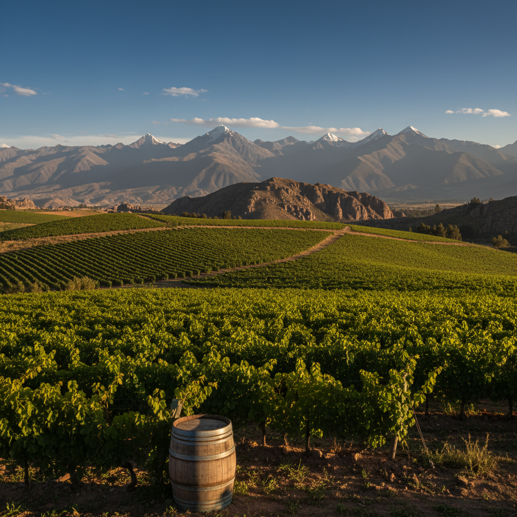 Vinhedos de altitude em Cochabamba ou Santa Cruz, Bolívia, sob o sol da tarde, com barril de vinho e montanhas ao fundo.