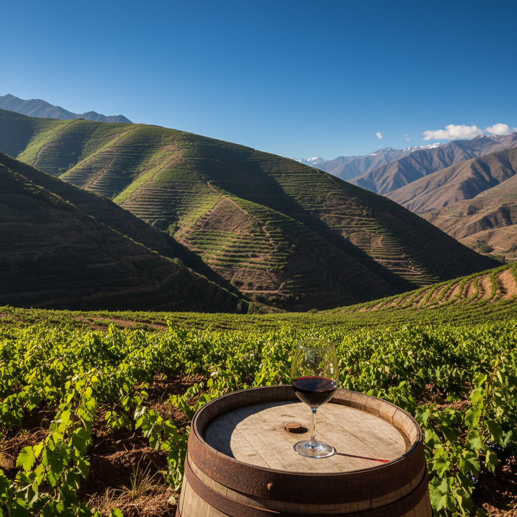 Vinhedo de altitude nos Andes bolivianos com parreiras em encostas íngremes, céu azul intenso e um barril de vinho, destacando o terroir único da Bolívia.