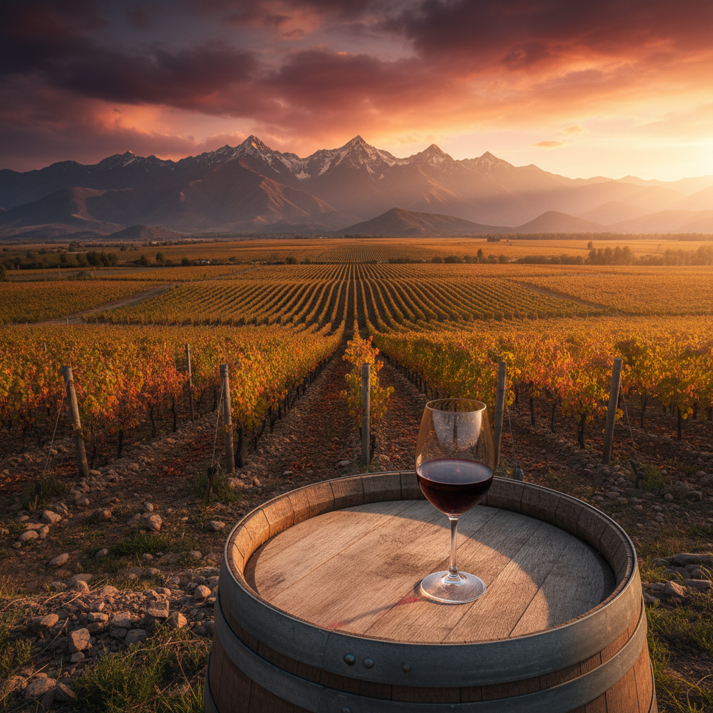 Vinhedo de altitude na Bolívia ao pôr do sol, com montanhas majestosas ao fundo e uma taça de vinho tinto sobre um barril de madeira em primeiro plano, destacando o terroir andino.