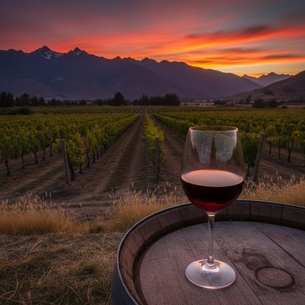 Vinhedo boliviano de altitude com parreiras e montanhas andinas ao fundo, taça de vinho tinto em barril de madeira.