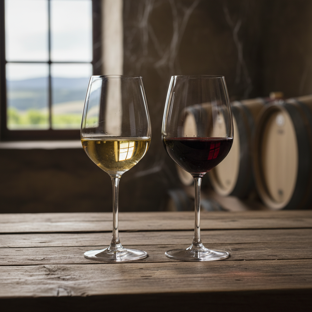 Duas taças de vinho, uma com vinho branco e outra com vinho tinto, em uma adega ou vinhedo, simbolizando a comparação entre eles.
