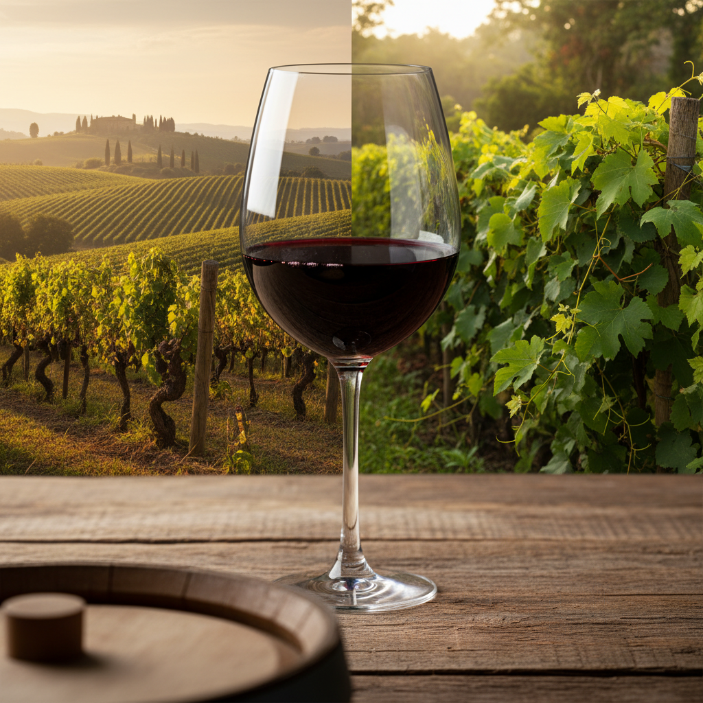 Taça de vinho tinto com reflexo de vinhedos europeus e brasileiros, simbolizando a comparação do vinho do Brasil com as grandes regiões clássicas.