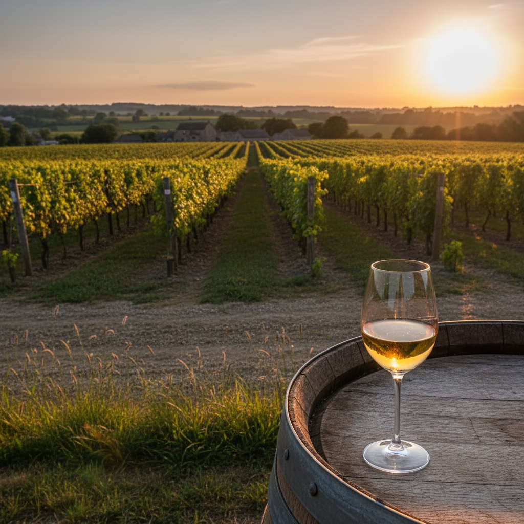 Vinhedo britânico ao pôr do sol com taça de vinho sobre barril de madeira, simbolizando a qualidade e a beleza da viticultura no Reino Unido.