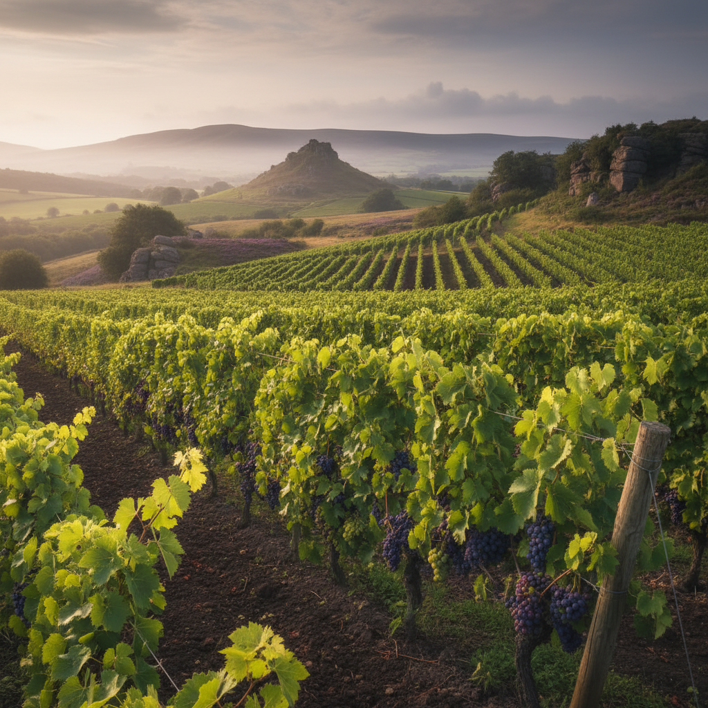 Vinhedo britânico verdejante em uma região inesperada do Reino Unido, sob um céu nublado, mostrando o crescimento da viticultura fora do sul tradicional.