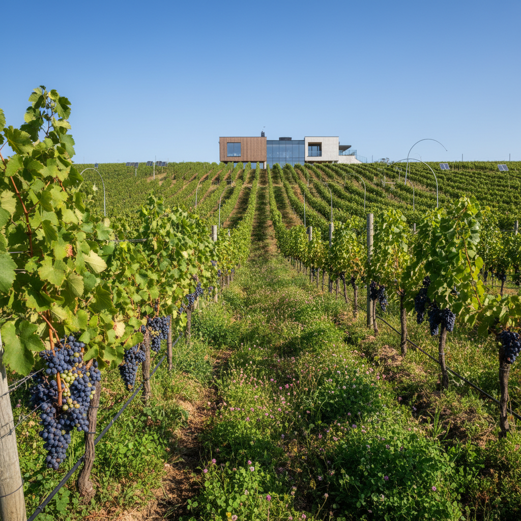 Vinhedo búlgaro moderno ao nascer do sol, com práticas sustentáveis e uma vinícola inovadora ao fundo.