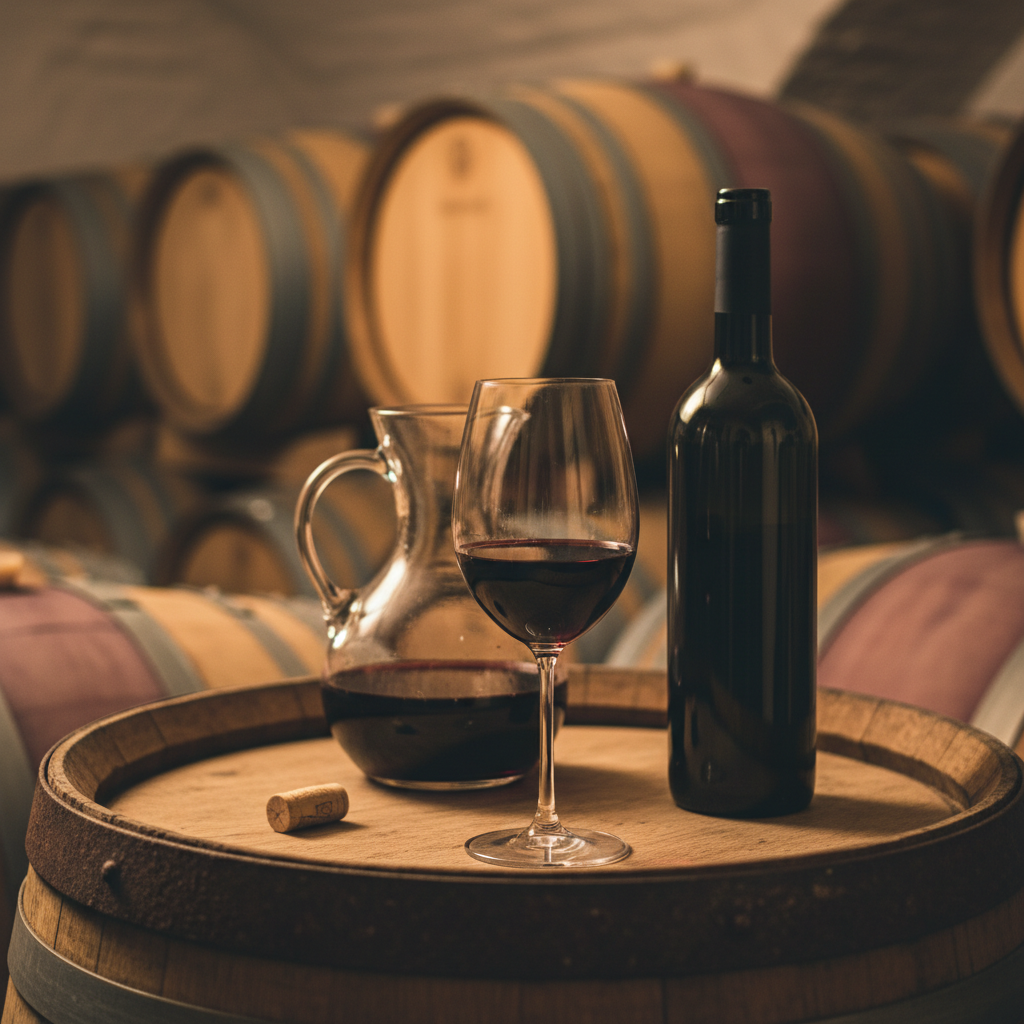 Taça de vinho tinto, garrafa e decanter sobre um barril de carvalho em uma adega tradicional búlgara.