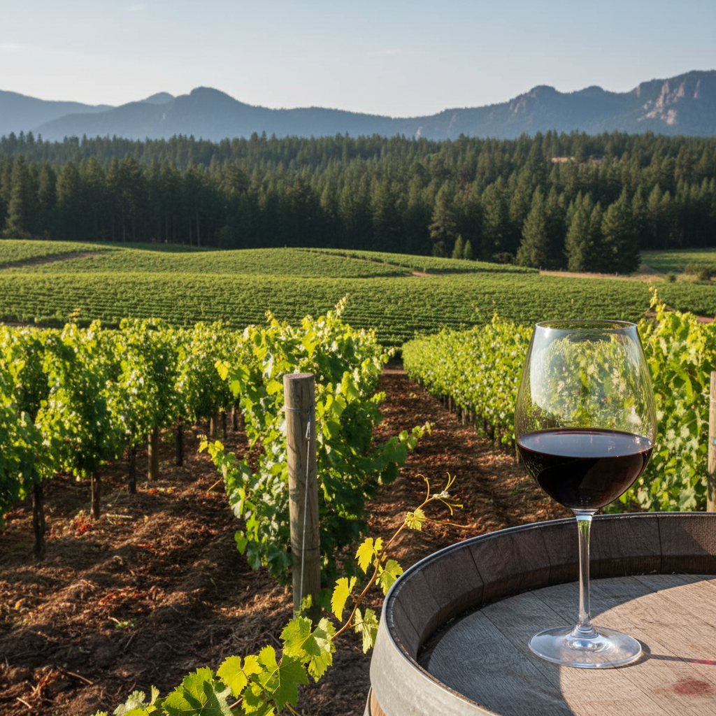 Vinhedo pitoresco em uma região vinícola emergente do Canadá, com fileiras de videiras verdes, colinas suaves e florestas ao fundo, sob um céu claro. Um copo de vinho elegante ou um barril de carvalho no primeiro plano.