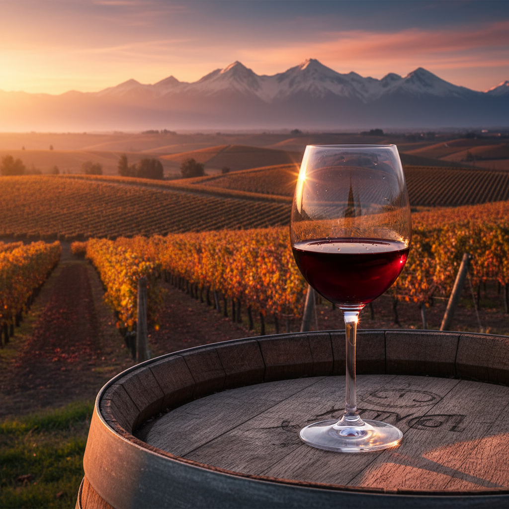 Taça de vinho tinto sobre barril de carvalho em vinhedo chileno ao pôr do sol com a Cordilheira dos Andes ao fundo.