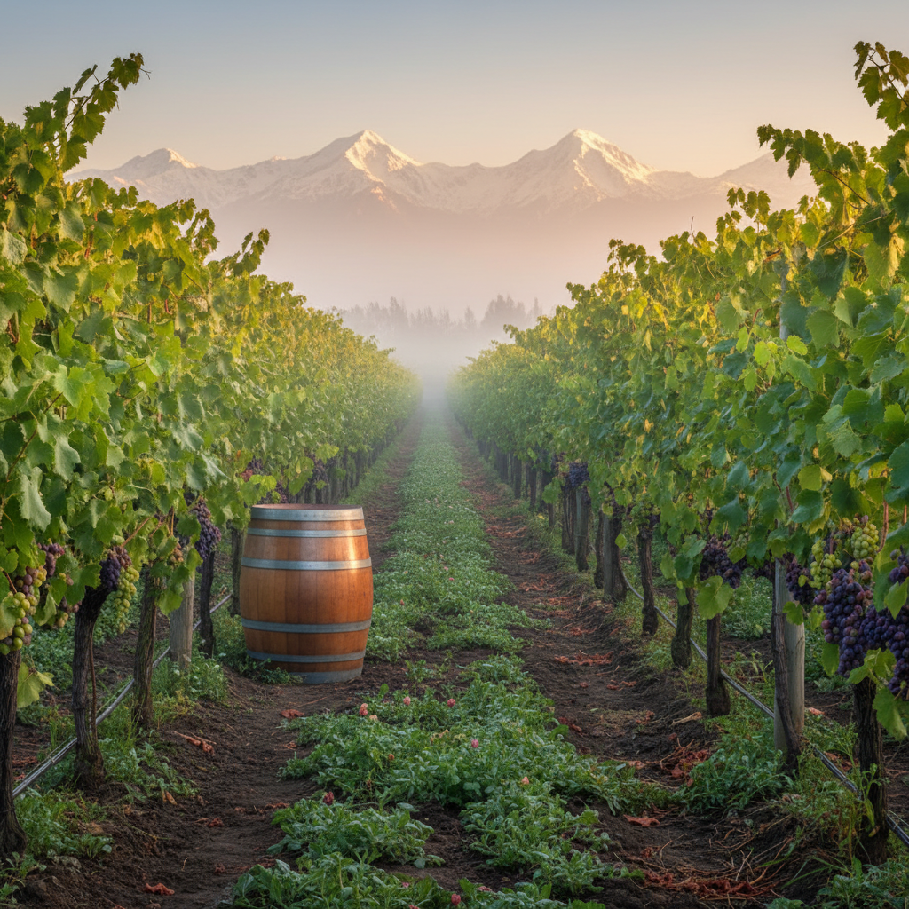 Vinhedo chileno exuberante ao amanhecer, destacando a produção ecológica e sustentável de vinho.
