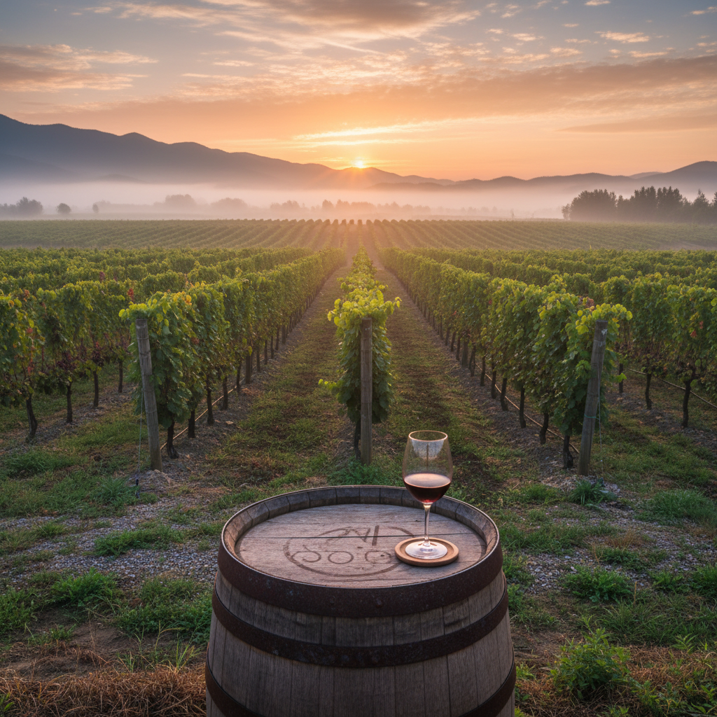 Vinhedo chinês ao amanhecer com um barril de vinho e uma taça, refletindo a beleza da viticultura na China.