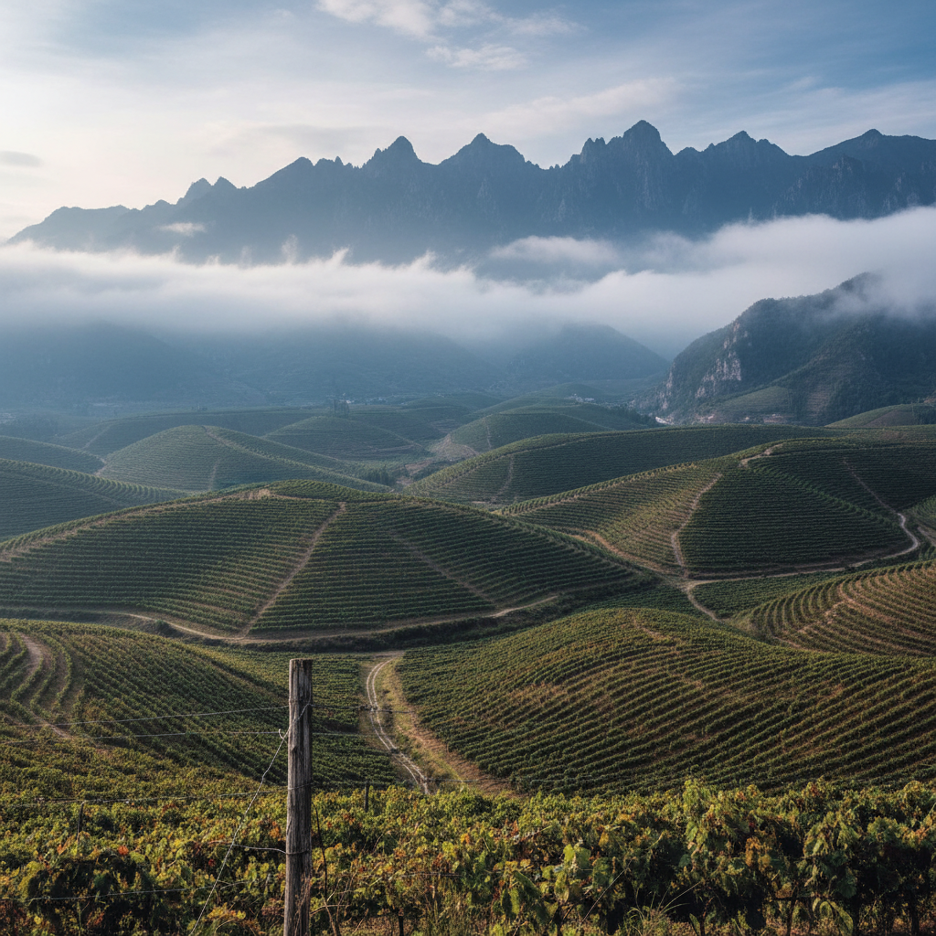 Vinhedo em altitude elevada na província de Yunnan, China, com montanhas encobertas pela névoa ao fundo, destacando a paisagem única para o cultivo de uvas.