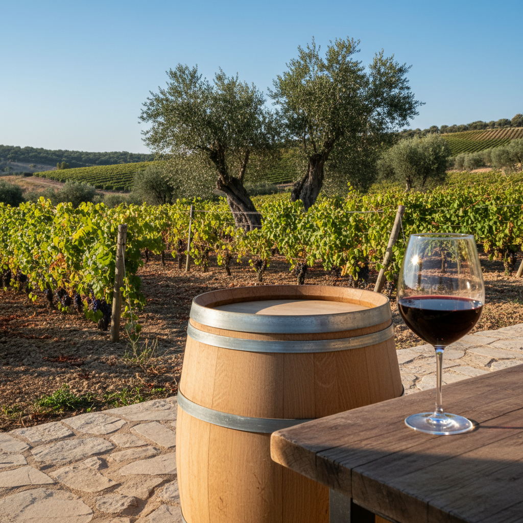 Vinhedo ensolarado em Chipre com oliveiras antigas ao fundo, um barril de vinho moderno em primeiro plano e uma taça de vinho tinto.