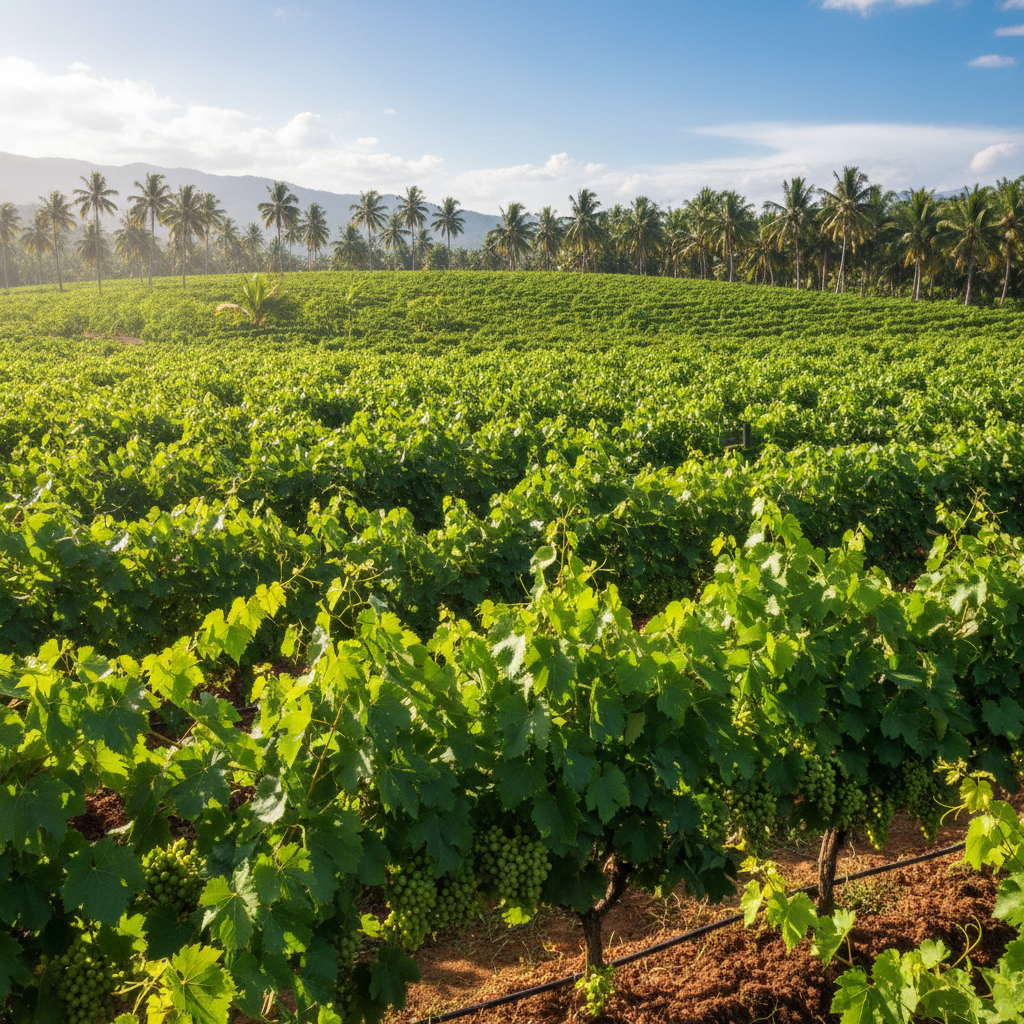 Vinhedo exuberante nas Filipinas sob o sol tropical, com palmeiras ao fundo, simbolizando a superação dos desafios da viticultura em clima quente.