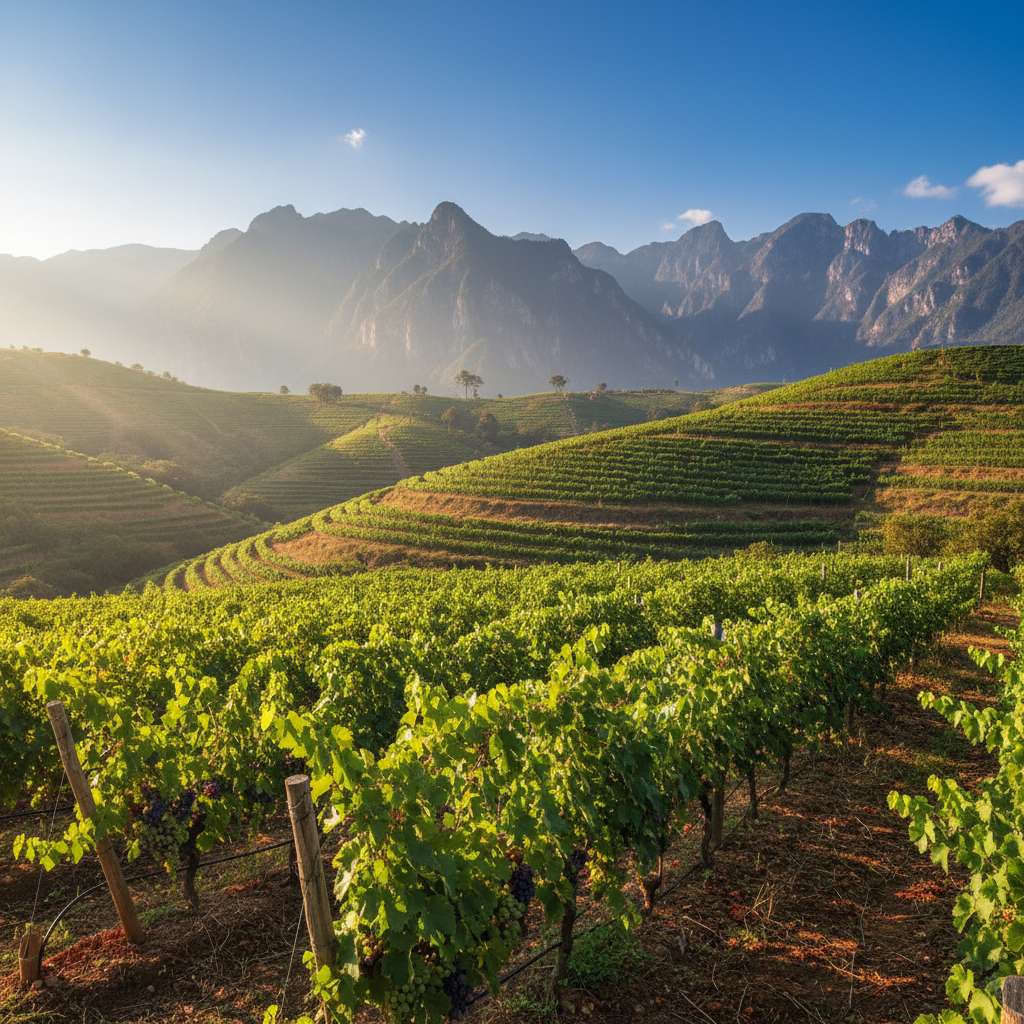 Vinhedo verde exuberante em altas altitudes nos Andes colombianos, sob um céu azul, com picos montanhosos ao fundo, ilustrando a viticultura tropical inovadora da Colômbia.
