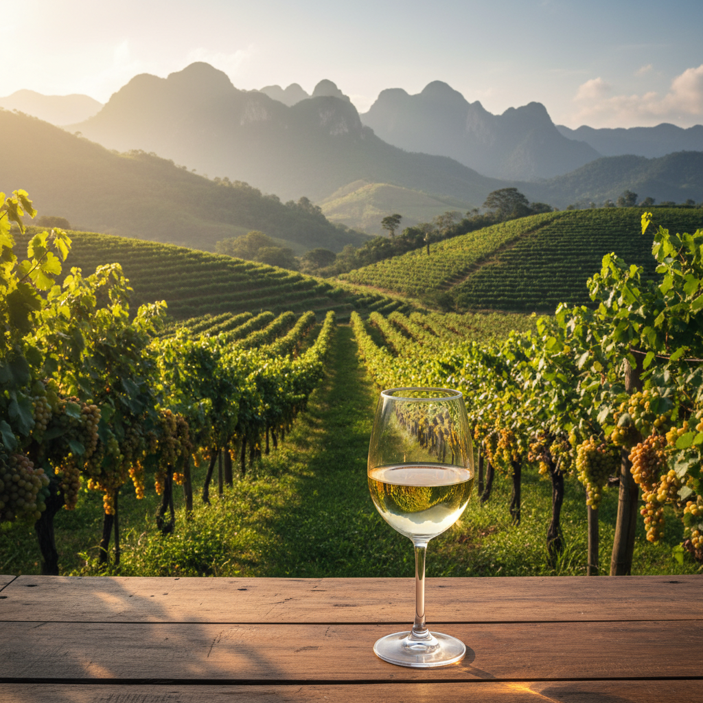 Vinhedo tropical na Colômbia com taça de vinho, representando a singularidade dos vinhos tropicais.