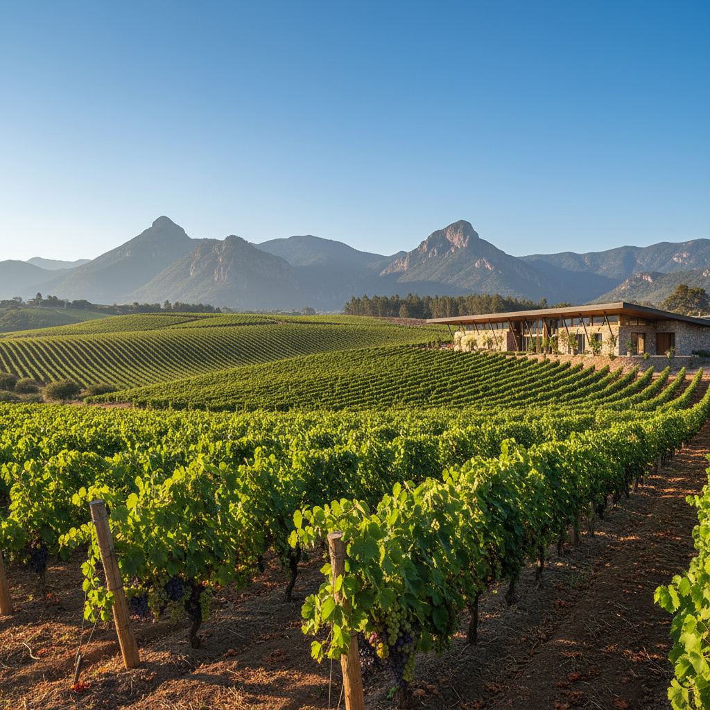Vinhedo colombiano de alta altitude com paisagem montanhosa e vinícola moderna ao fundo, simbolizando crescimento e sustentabilidade.