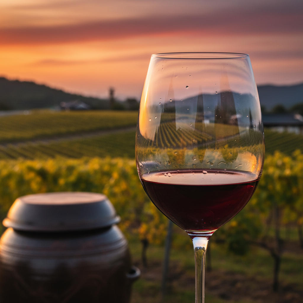Taça de vinho tinto com reflexo de vinhedo coreano ao pôr do sol, com um pote tradicional coreano em primeiro plano, simbolizando a fusão de tradição e modernidade.