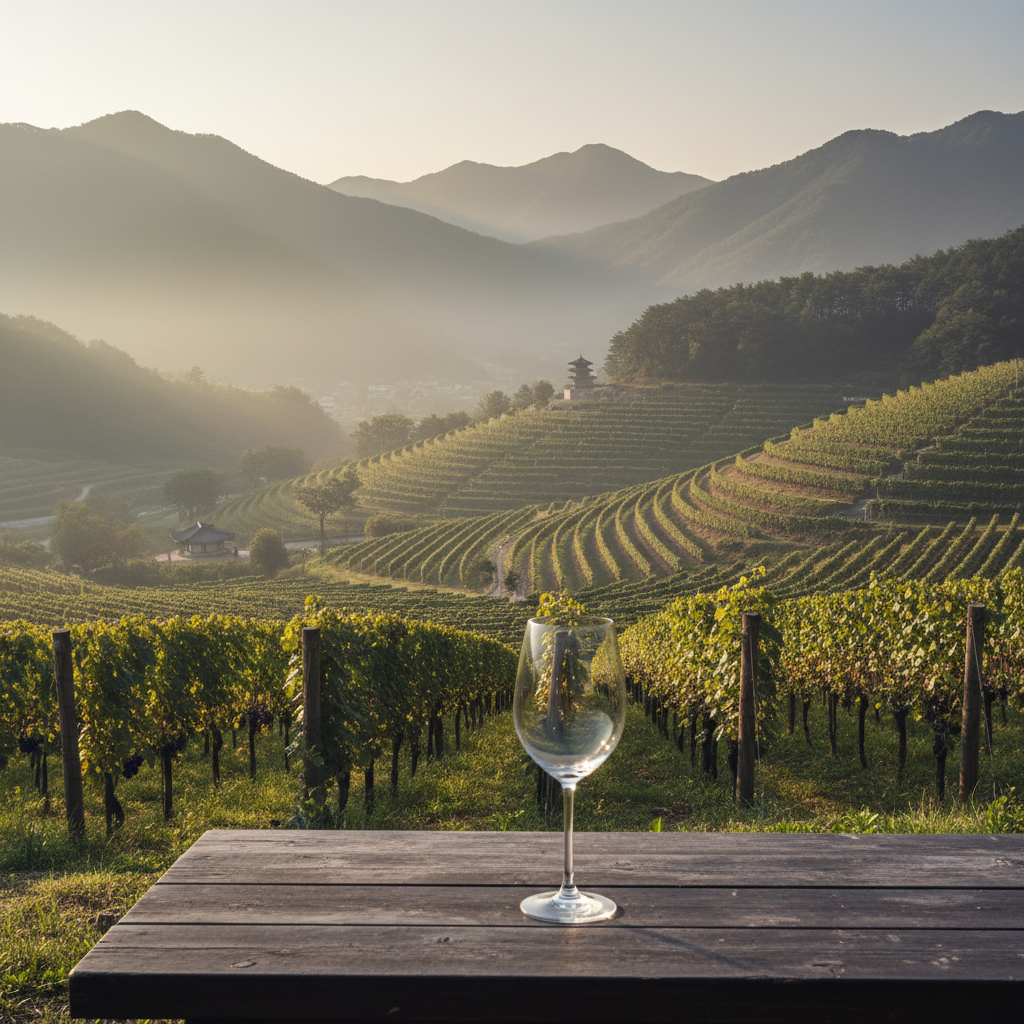 Vinhedo moderno em uma região montanhosa da Coreia do Sul ao amanhecer, com videiras em fileiras e elementos arquitetônicos coreanos ao fundo. Uma taça de vinho elegante sobre uma mesa de madeira, refletindo a paisagem.