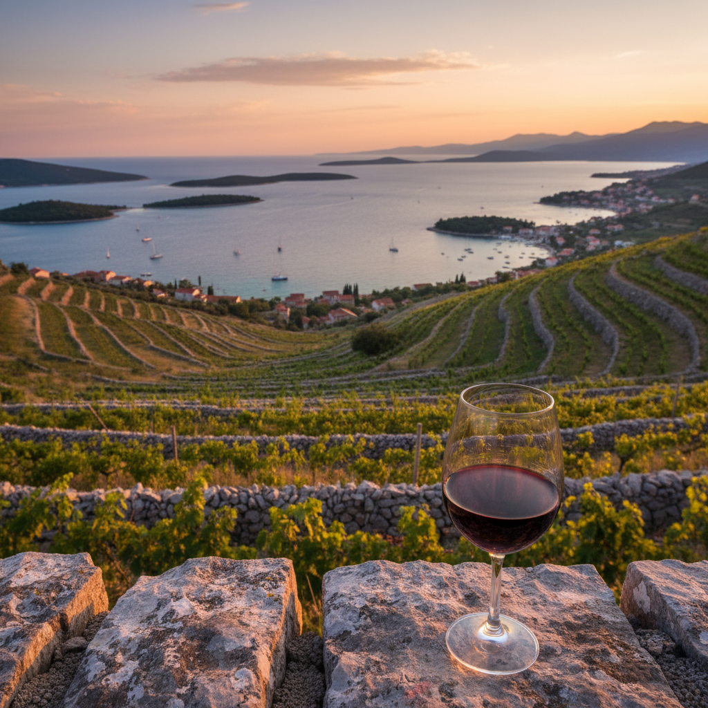 Vinhedo em terraços na costa da Croácia com vista para o Mar Adriático, um copo de vinho tinto repousando em um muro de pedra.