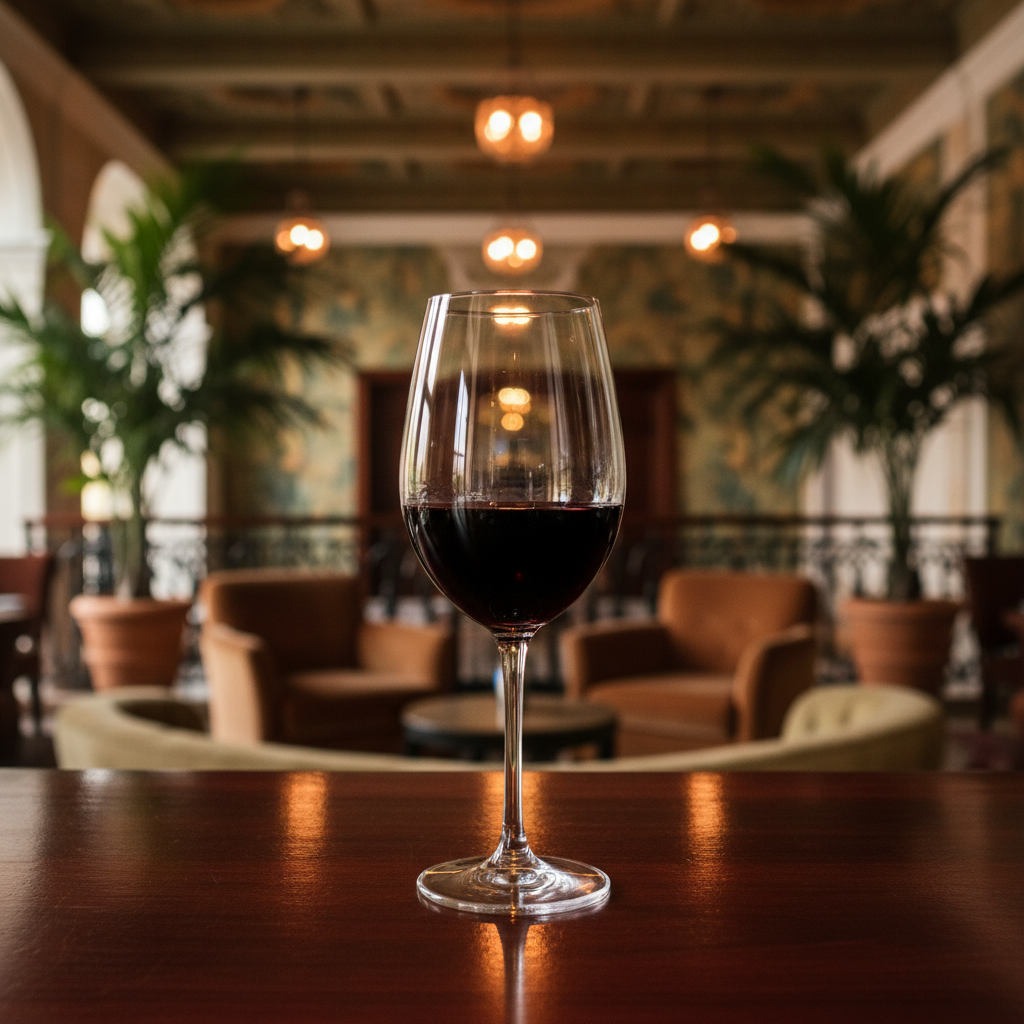 Taça de vinho tinto em um balcão de madeira polida, com o fundo desfocado de um luxuoso hotel ou restaurante cubano.