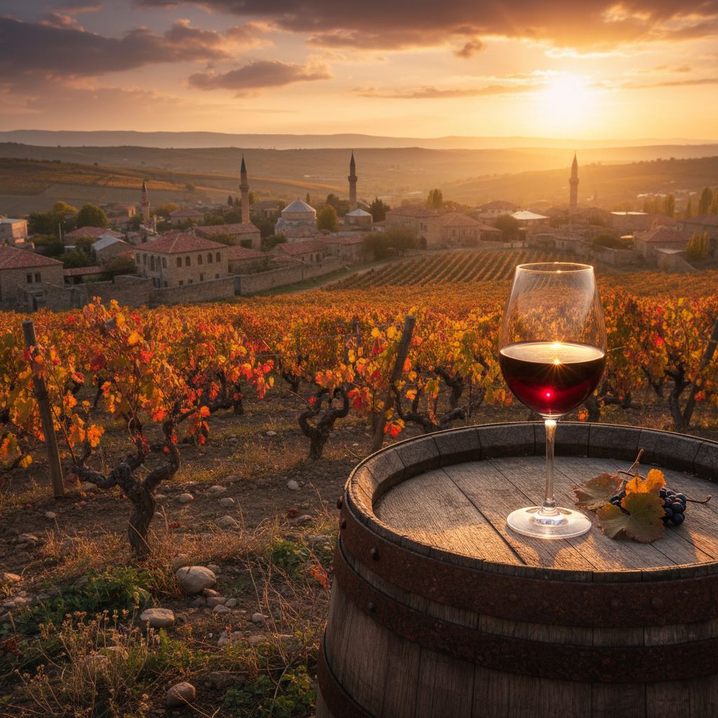 Vinhedo milenar no Azerbaijão ao pôr do sol, com um cálice de vinho tinto sobre um barril de madeira, simbolizando a rica cultura vinícola do país.