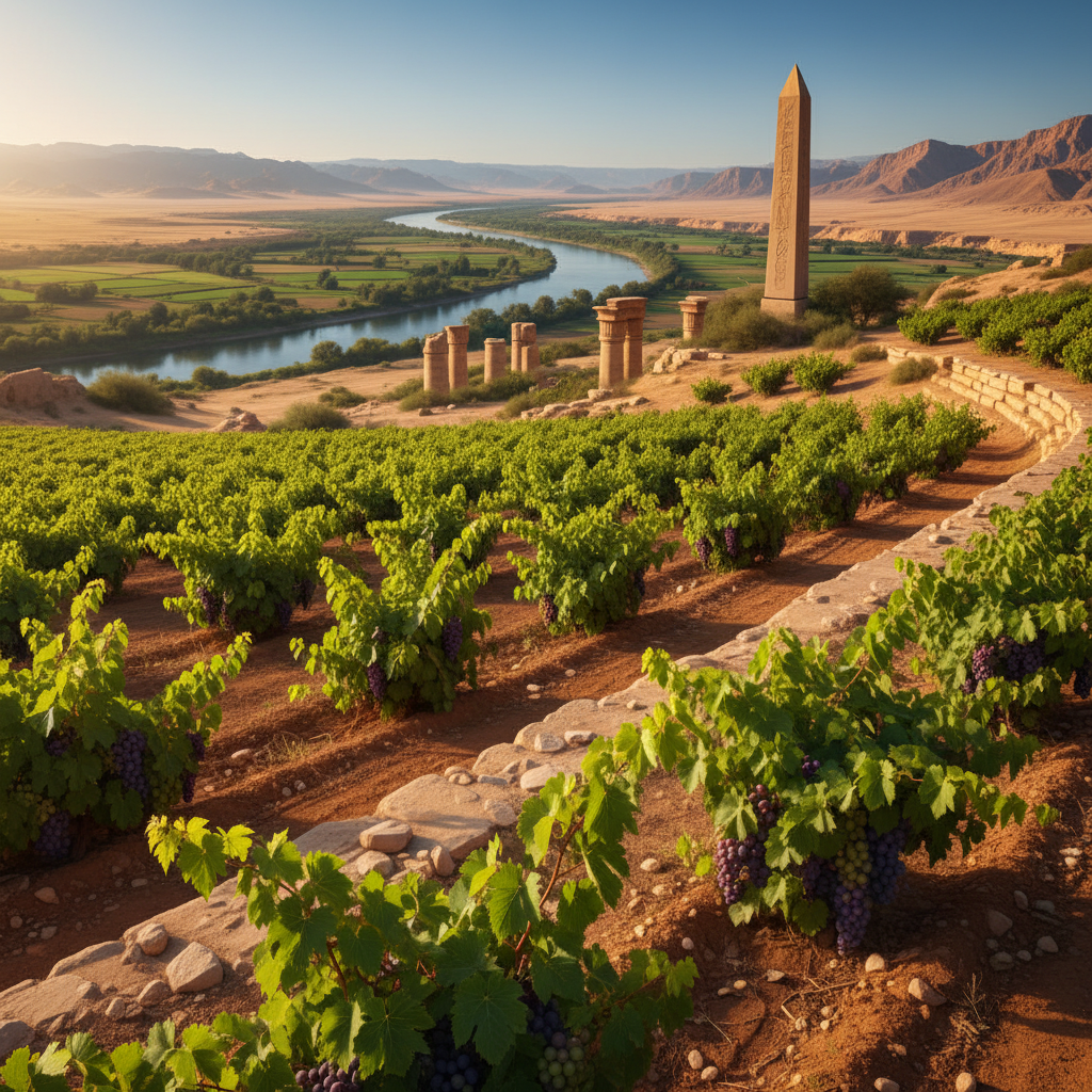 Vinhedo exuberante no Egito, com paisagem desértica e elementos arquitetônicos antigos ao fundo, sob luz solar dourada.