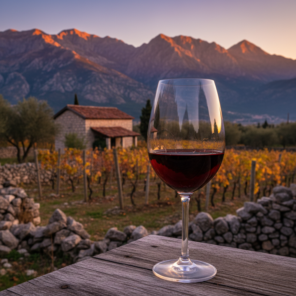 Vinhedo montenegrino com taça de vinho tinto ao pôr do sol, refletindo a cultura e tradição vinícola do país.