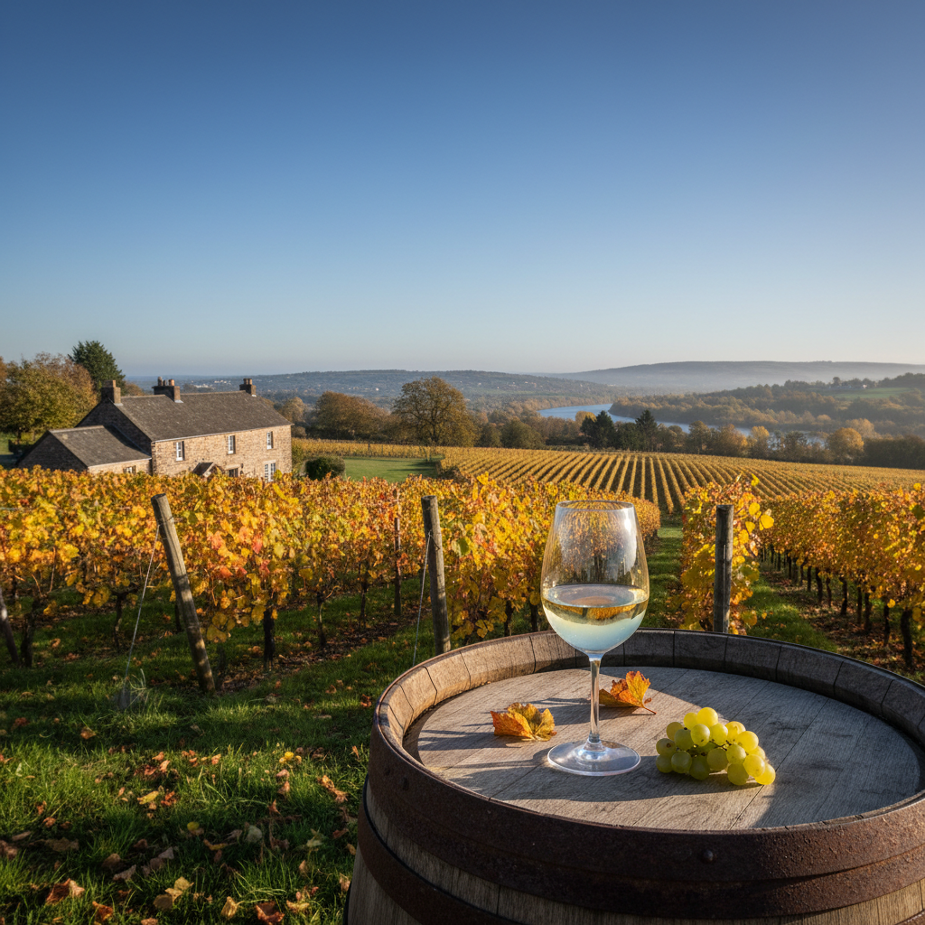 Vinhedo dinamarquês com um copo de vinho branco sobre um barril, sob um céu claro, representando a emergente produção de vinho nórdica.