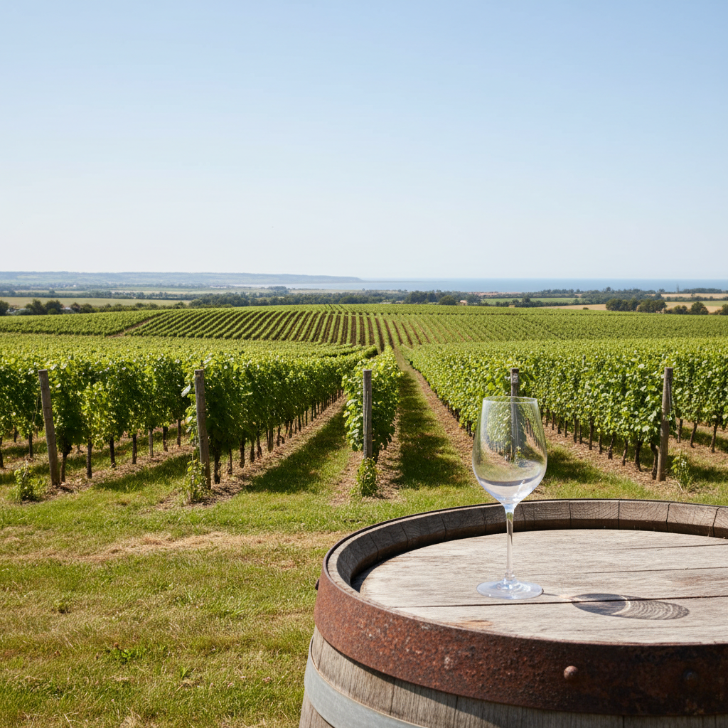 Vinhedo moderno dinamarquês com um copo de vinho sobre um barril de carvalho, simbolizando a evolução da viticultura na Dinamarca.