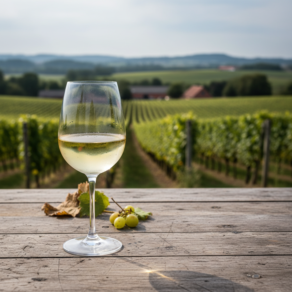 Taça de vinho branco sobre mesa de madeira rústica, com um vinhedo dinamarquês de clima frio ao fundo, sob luz suave do sol.
