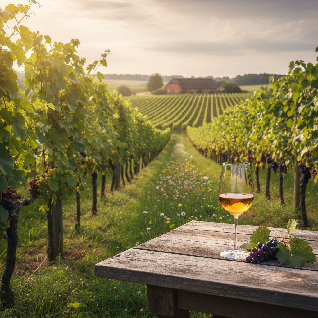 Vinhedo dinamarquês exuberante sob a luz do sol, com uma taça de vinho elegante em primeiro plano, simbolizando a ascensão da viticultura na Dinamarca.
