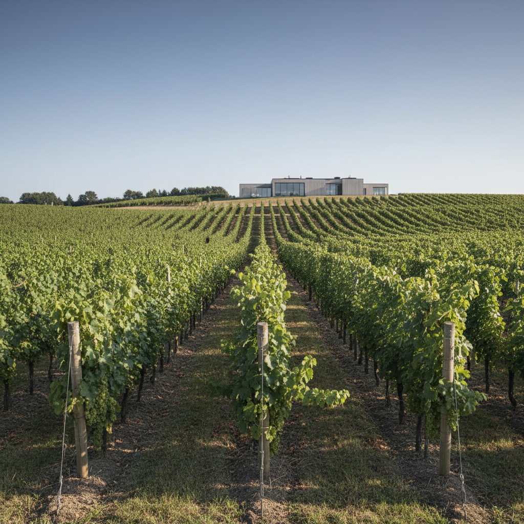 Vinhedo moderno e minimalista na Dinamarca, com videiras verdes sob um céu claro, refletindo a viticultura de clima frio.