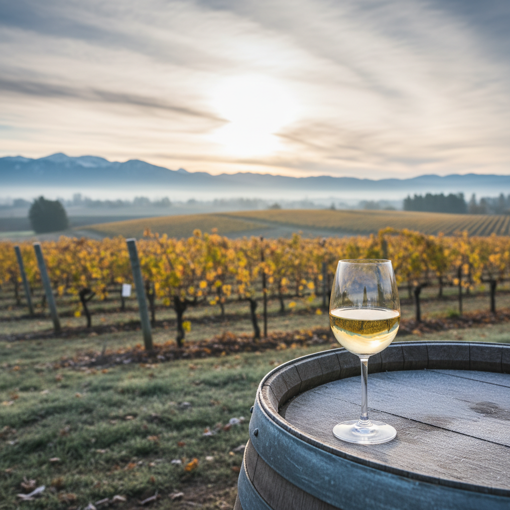 Vinhedo dinamarquês ou de clima frio com vinhas no outono, taça de vinho branco e barril de madeira, simbolizando a viticultura em regiões frias.