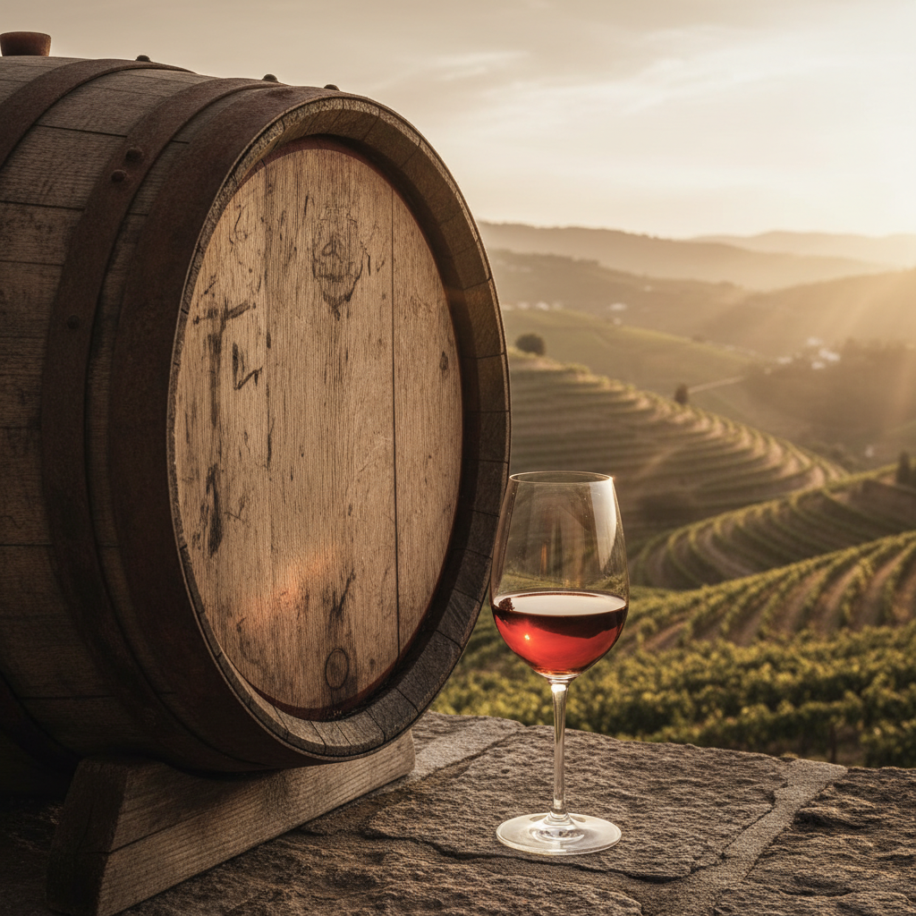Taça de vinho do Porto com um barril de carvalho em uma adega tradicional, com os vinhedos do Douro ao fundo sob a luz do pôr do sol.