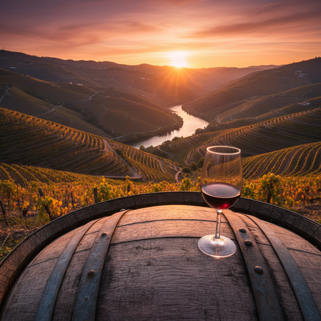 Vista panorâmica dos vinhedos do Douro ao pôr do sol, com um barril de madeira rústico e uma taça de vinho do Porto Ruby.