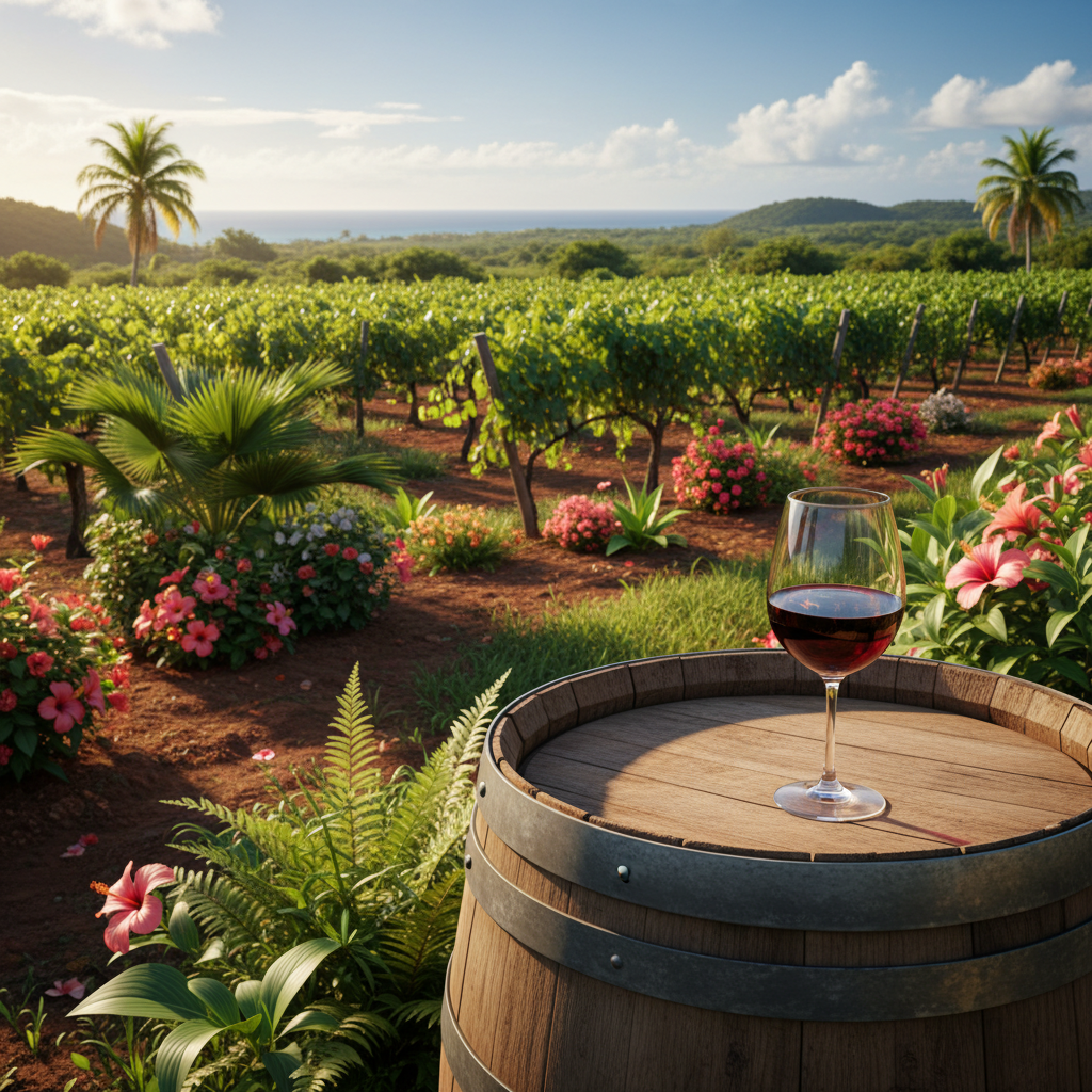 Vinhedo exuberante na República Dominicana com uma taça de vinho tinto sobre um barril de madeira, destacando a viticultura tropical e a beleza caribenha.