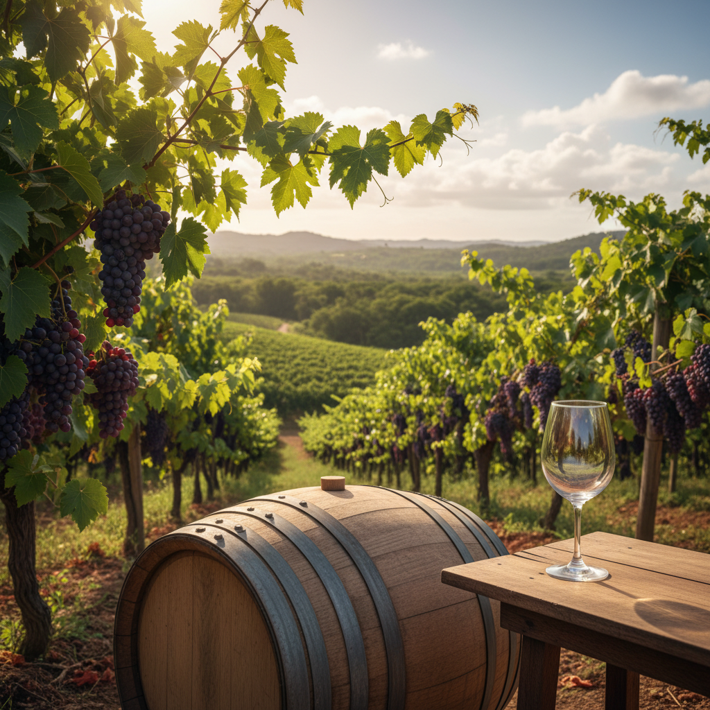 Vinhedo exuberante na República Dominicana com um barril de vinho de madeira e uma taça, simbolizando o processo artesanal de produção de vinho tropical.