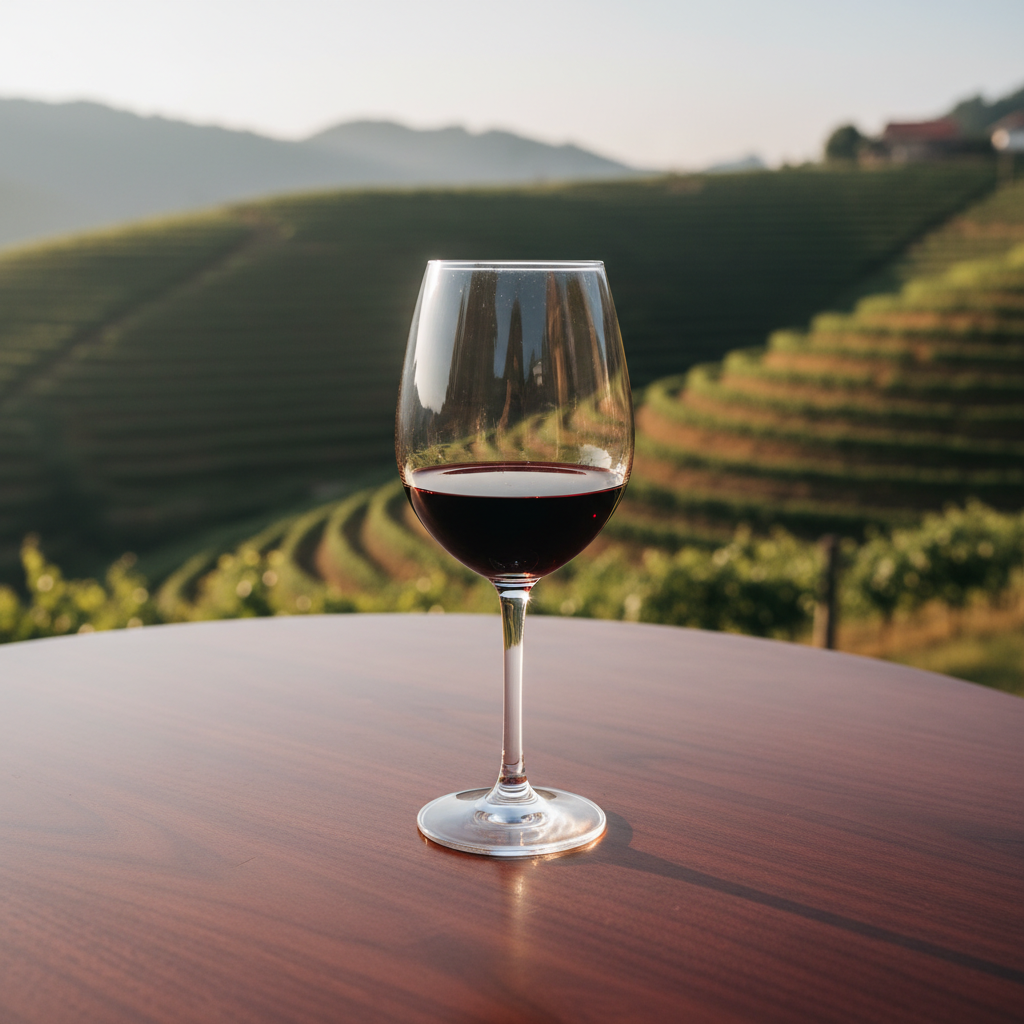 Taça de vinho em primeiro plano com vinhedos verdejantes e montanhas do Vietnã ao fundo