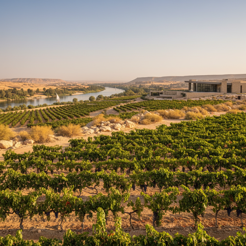 Vinhedo moderno exuberante no Egito, com fileiras de videiras verdes se estendendo em direção ao Rio Nilo sob um céu ensolarado, representando o renascimento da viticultura egípcia.