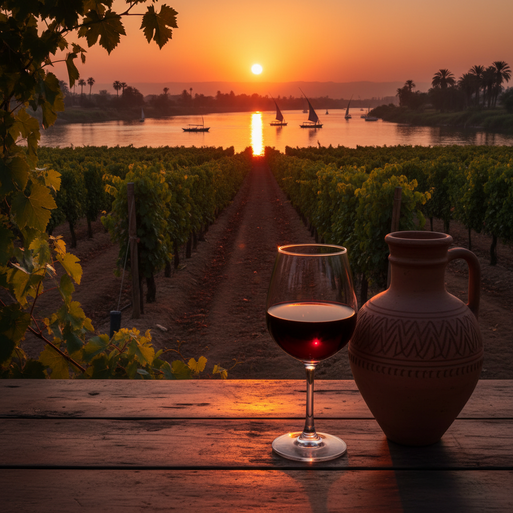 Vinhedo egípcio moderno ao pôr do sol com vista para o Rio Nilo, destacando uma taça de vinho tinto e uma ânfora tradicional em primeiro plano.