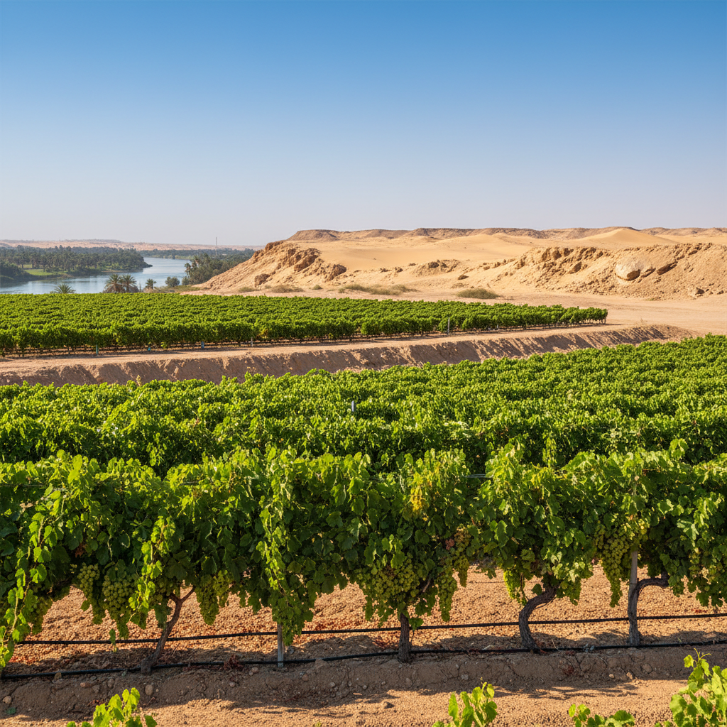 Vinhedo moderno no Egito com o Rio Nilo ao fundo, mostrando o contraste entre a vegetação exuberante e o deserto árido.